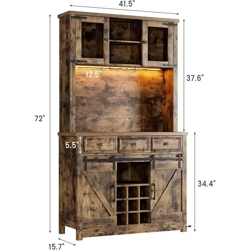 72 Inch Farmhouse Coffee Bar Cabinet with Wine Glass Rack, Large Kitchen Hutch with 3 Drawers and Sliding Barn Door, Tall Storage Cabinet for Home Bar