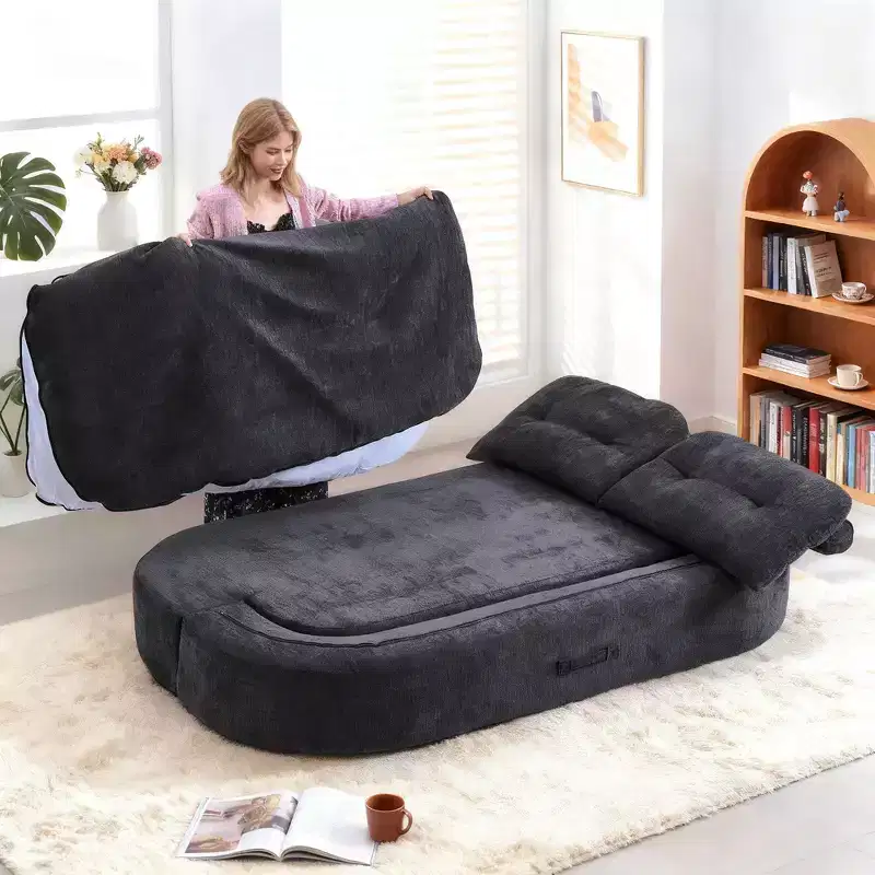 Convertible Chenille Fabric Floor Futon Sofa with Comfy Backrest & Pillows, Living Room & Bedroom