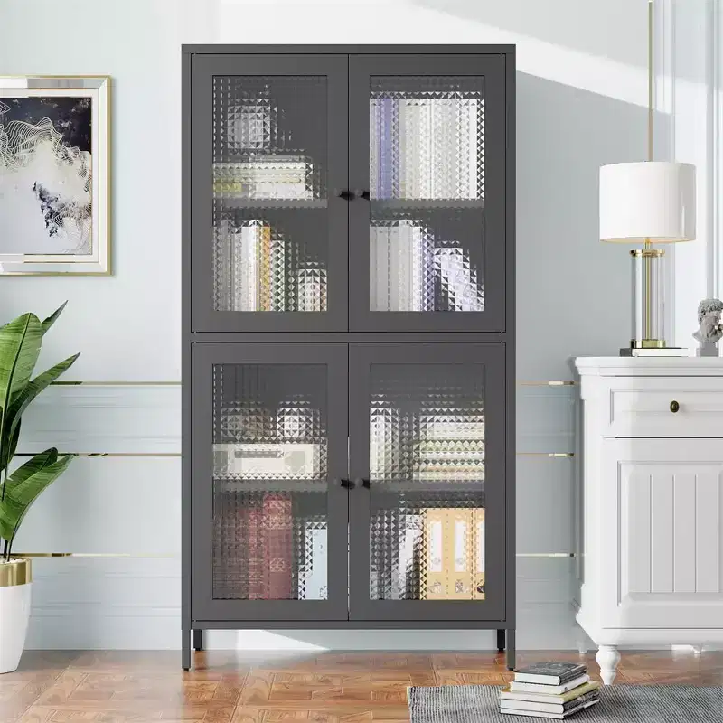 Glass Display Cabinet with Glass Door, 4 Adjustable Shelves, Tall Showcase Cabinet Bookshelf Bookcase for Home Office Pantry