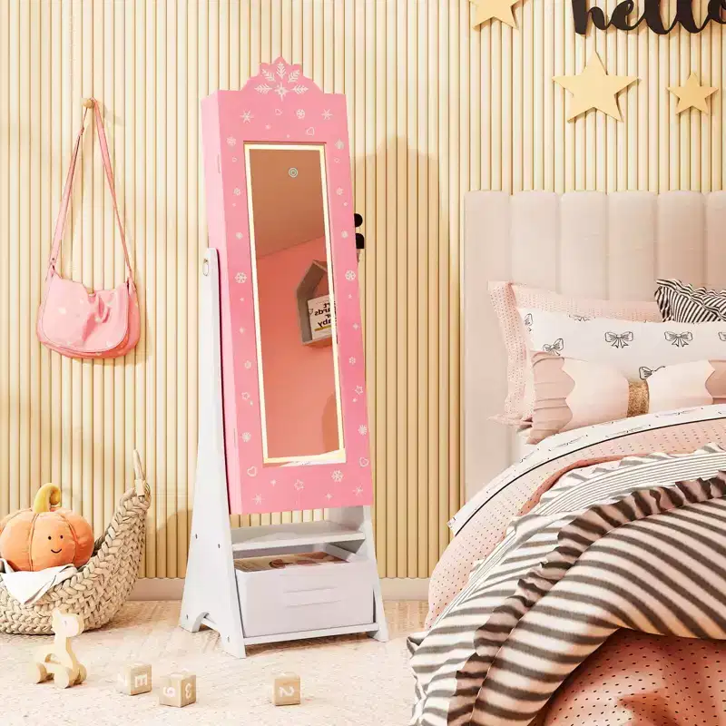 Costway Kids Jewelry Armoire with 3-Color Lighted Full Length Mirror & Inside Led Lights White/Pink
