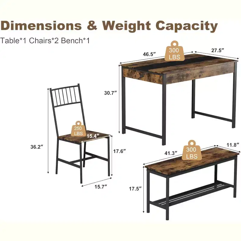 4-Piece Dining Table Set for 4 People,Rectangular Kitchen Table Set with 2 Chairs & 1 Bench,Double Side Drawers for Dining Room,Kitchen,Yard
