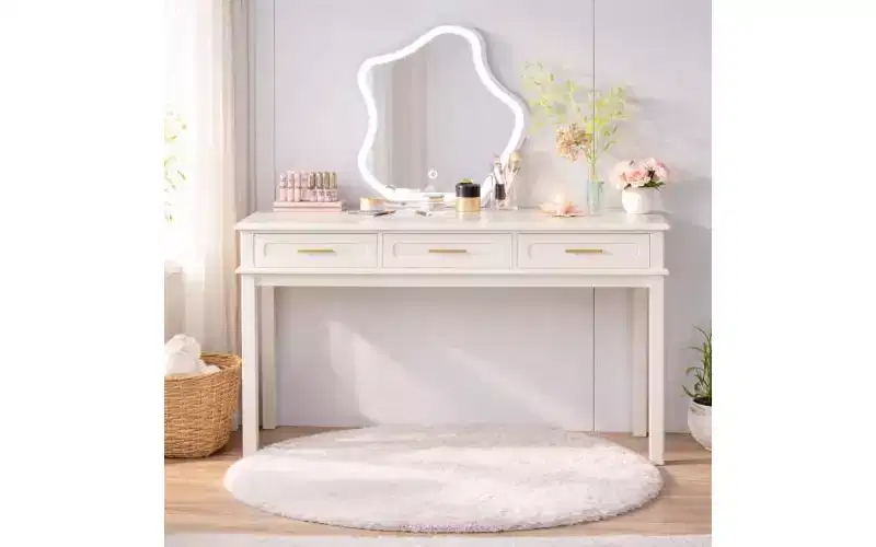 Cream White Vanity Desk with 3 Drawers, Modern Makeup Table or Writing Desk for Bedroom
