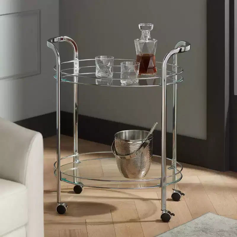Studio 55D Carli Modern Chrome Steel Oval 2-Tier Serving Bar Cart 26 x 18 1/4 Silver Rolling Clear Glass Shelves for Living Room