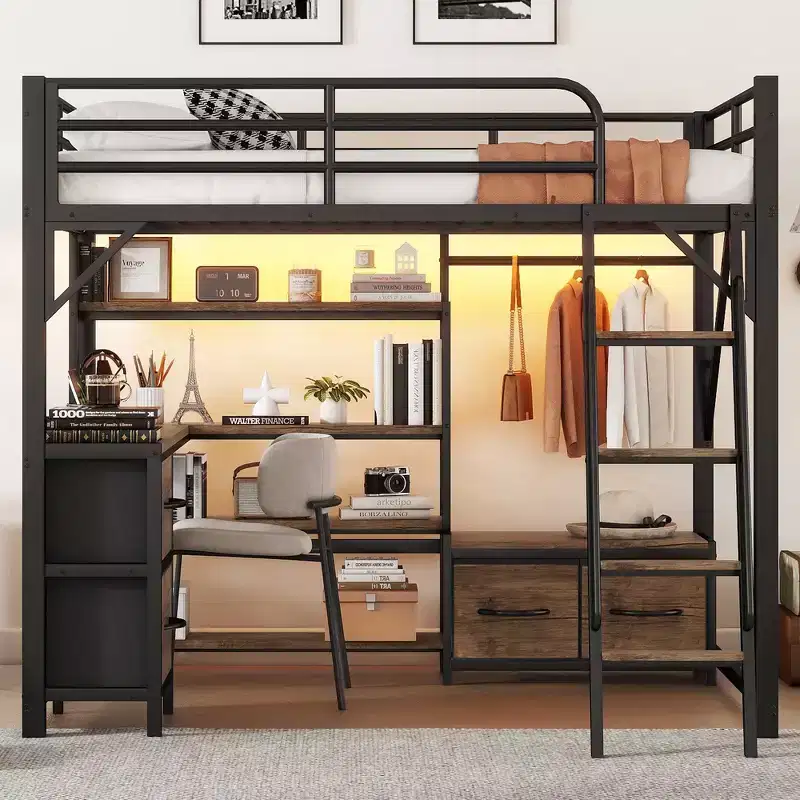 Whisen Full Size Metal Loft Bed with Desk, Light, Storage Shelves, Wardrobe & Drawers, Comfortable and Safe