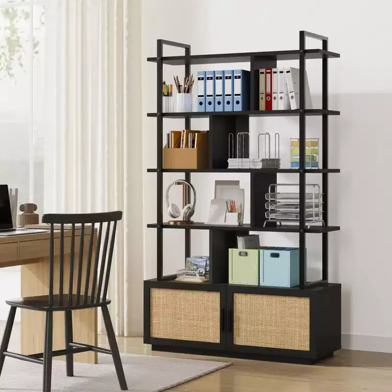 Rattan Bookshelf 71.1 Tall  5 Tier Industrial Bookcase with Storage Cabinet & Door, Open Display Shelves, Metal Frame  Farmhouse Boho Shelf