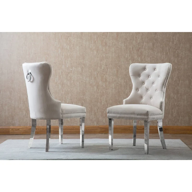 Button-Tufted Wingback Dining Chair with Nailhead Trim, Velvet or Faux Leather, Stainless Steel Frame, 23.5W x 25D x 39H in, 2-Pack