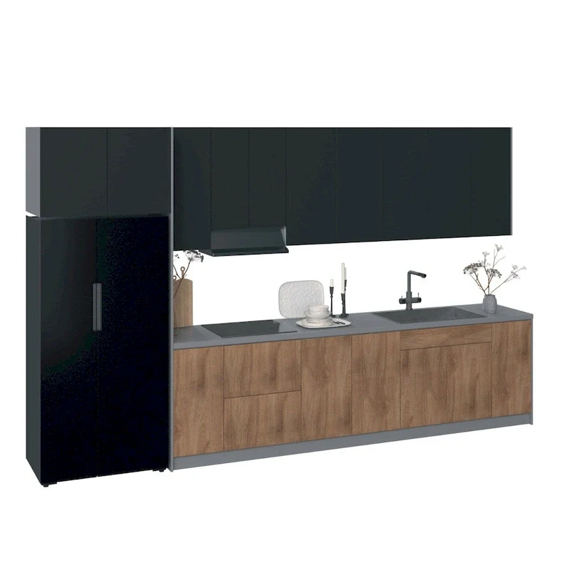 Modular Kitchen Cabinet Set with Soft-Close Doors & Pull-Out Drawers – Black / White / Silver / Tan, Chipboard