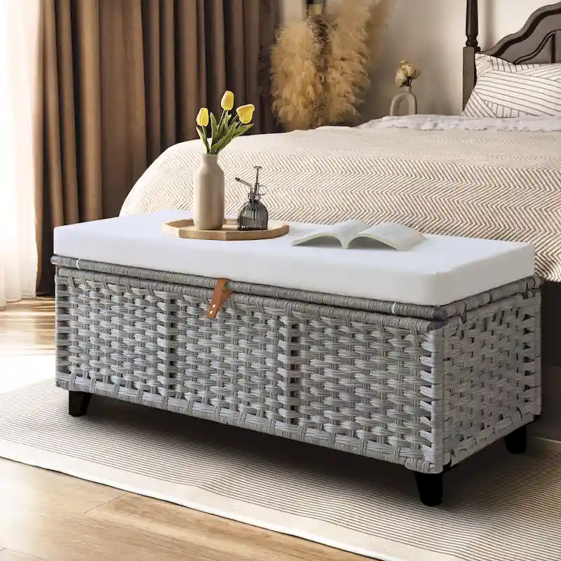 Wicker Storage Bench with Cushion for Bedroom, Living Room, Porch - 18.5 H X 43.3 W X 18.5 D