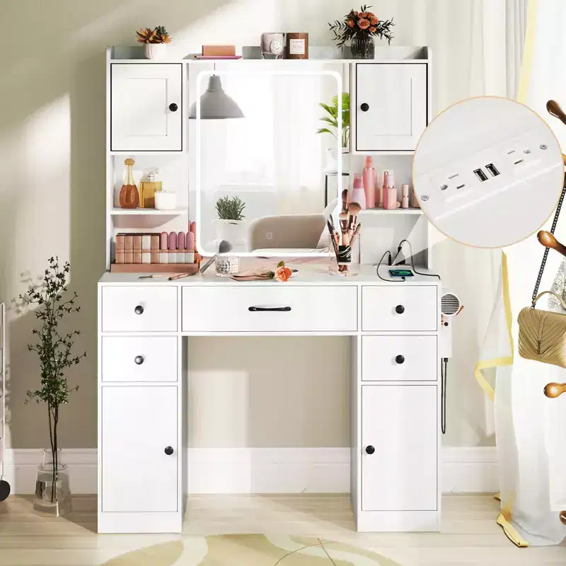 Costway Makeup Vanity Desk w/ Lighted Mirror Charging Station 3-Color Dimmable LED Lights