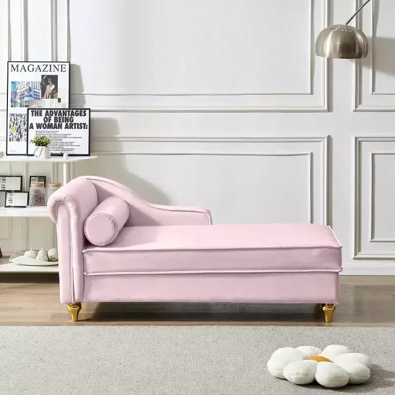MAYEERTY Velvet Chaise Lounge Sofa with Gold Metal Legs Round Pillow for Living Room Pink