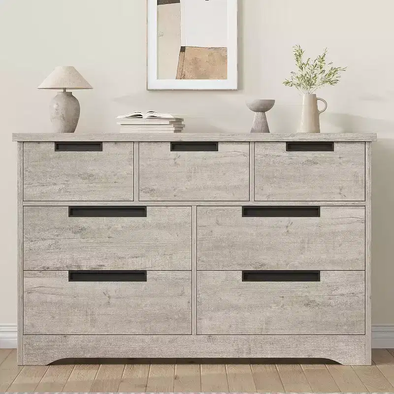 Acekool 7 Drawer Dresser for Bedroom, Modern Gray Wide Storage Chest, Embedded Handles Design, Wooden Organizer for Living Room, Nursery, Hallway