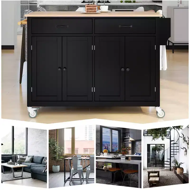 Whisen Modern Wood Kitchen Island with Spice Rack and Drawers