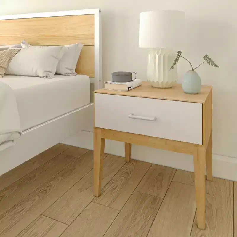 Plank+Beam Duo Wood Nightstand with 1 Drawer, Wooden Side Table for Bedroom Storage, Bedside End Table, White/Birch