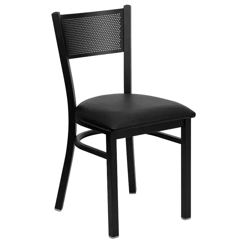 Black Grid Back Metal Dining Chair, Vinyl Padded Seat, 500 lb Capacity