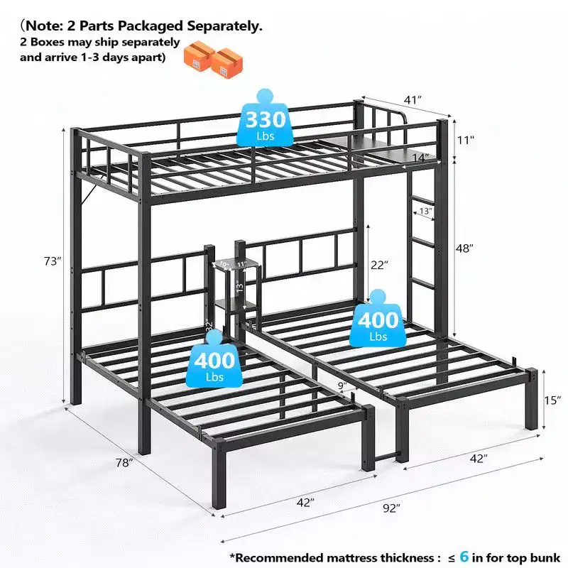 Karl Home Metal Triple Bunk Bed Twin Over Twin Over Twin,3 Bunk Beds with Shelves for Kids,Teens and Adults,Heavy Duty,Black