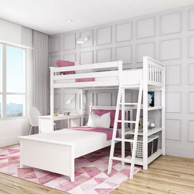 L-Shaped Twin over Twin Bunk Bed with Bookcase and Desk