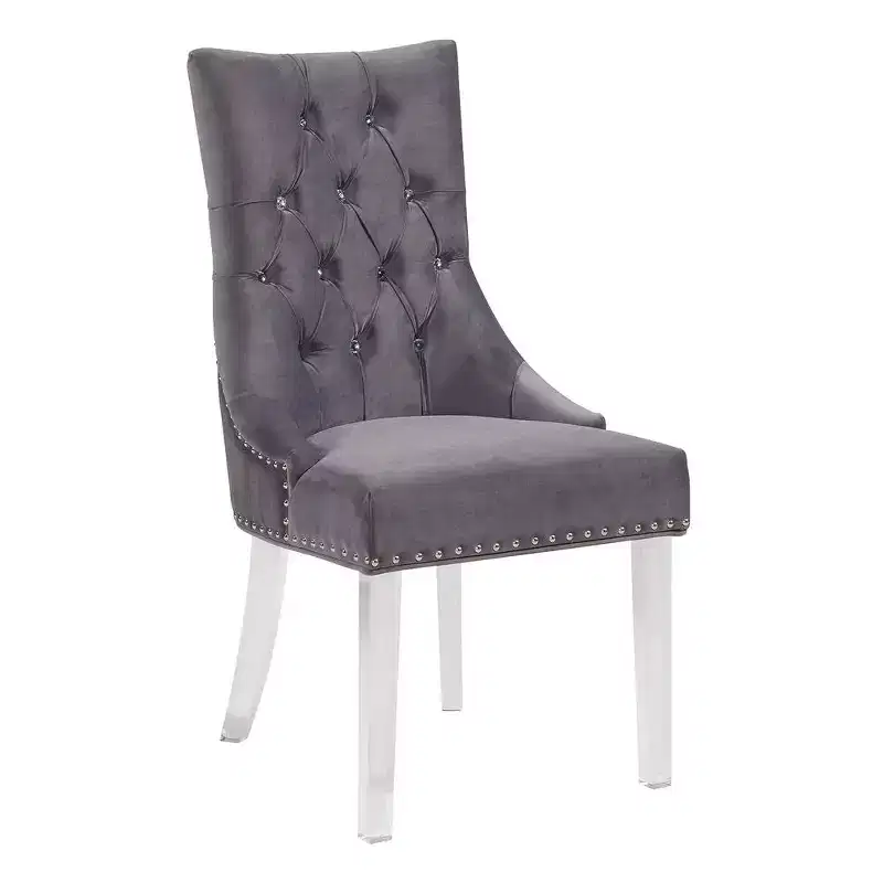 Modern and Contemporary Tufted Dining Chair in Gray Velvet with Acrylic Legs