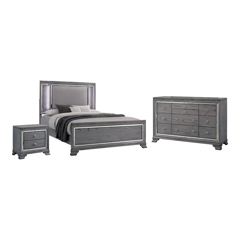 Furniture of America Taia Contemporary Grey 3-Piece Panel Bed, Nightstand and Dresser Set with LED