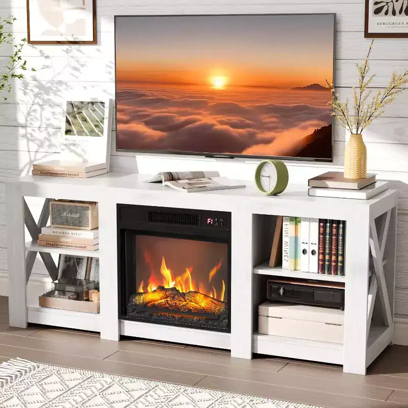 VINGLI Fireplace TV Stand for up to 70 inch TVs, Farmhouse Entertainment Center with Electric Fireplace Heater & Adjustable Shelves