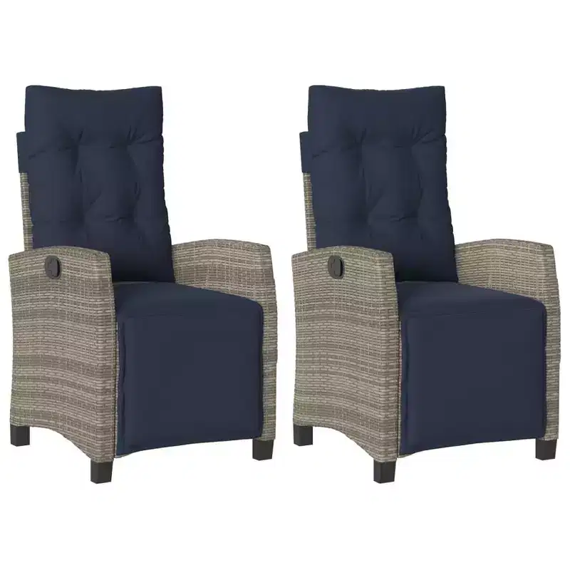 vidaXL Reclining Patio Chairs with Footrest - Set of 2, Adjustable Poly Rattan Loungers, Weather-Resistant & UV-Protected, Easy Clean, Navy Cushions