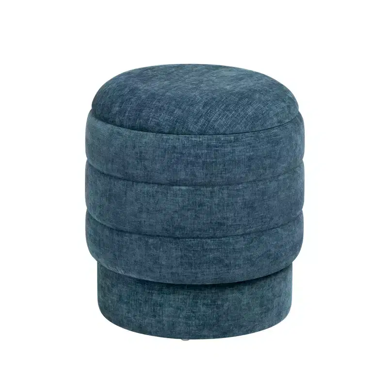 Navy Upholstered Round Ottoman with Storage