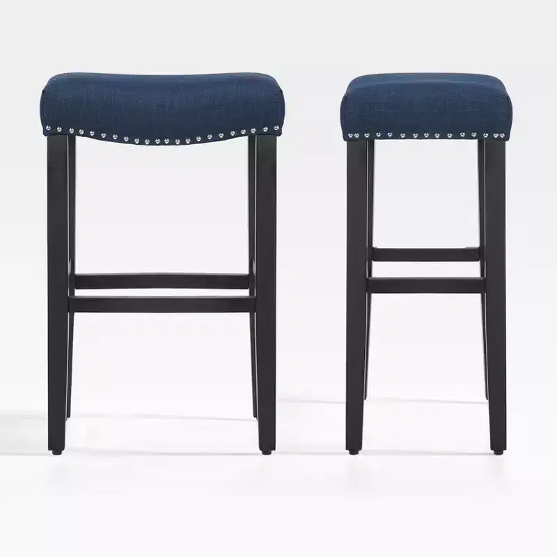 WestinTrends 29 Upholstered Saddle Seat Bar Stool (Set of 2), Black/Navy Blue