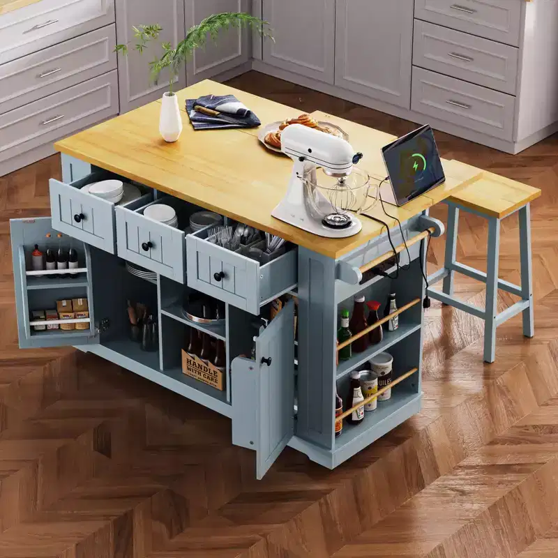 Kitchen Island with Drop Leaf, Power Outlet, Door Storage, Rolling Cart on 5 Wheels with 5 Open Side Racks for Kitchen & Dining Room.