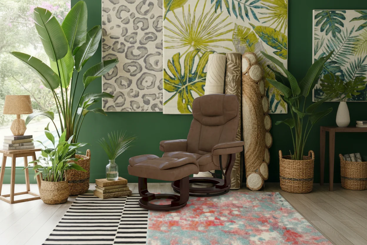 Contemporary Multi-Position Recliner and Curved Ottoman with Swivel Base
