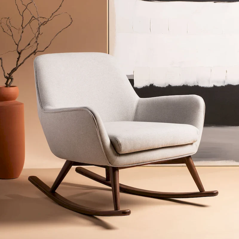 Mid-Century Rocking Chair, Light Grey / Oatmeal / Navy, Linen, 1-Seater