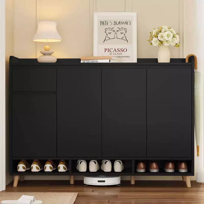 MAYEERTY Sleek Contemporary Shoe Cabinet with Adjustable Shelves, Solid Wood Legs Storage Sideboard, White