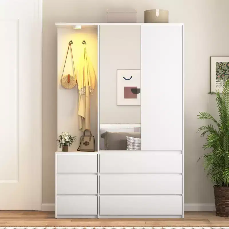 JVNOXK Modern White Wooden Wardrobe Closet 71.7 H, 2 Doors 6 Drawers Bedroom Armoire with Hanging Rail & Storage Shelves
