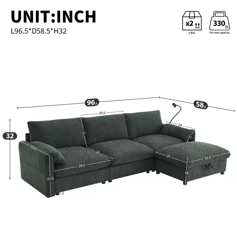 96.5'' L-Shaped Sectional Sofa with Storage Ottoman, USB Charger, and Phone Holder Chenille Upholstery 4-Seat Couch for Living Room
