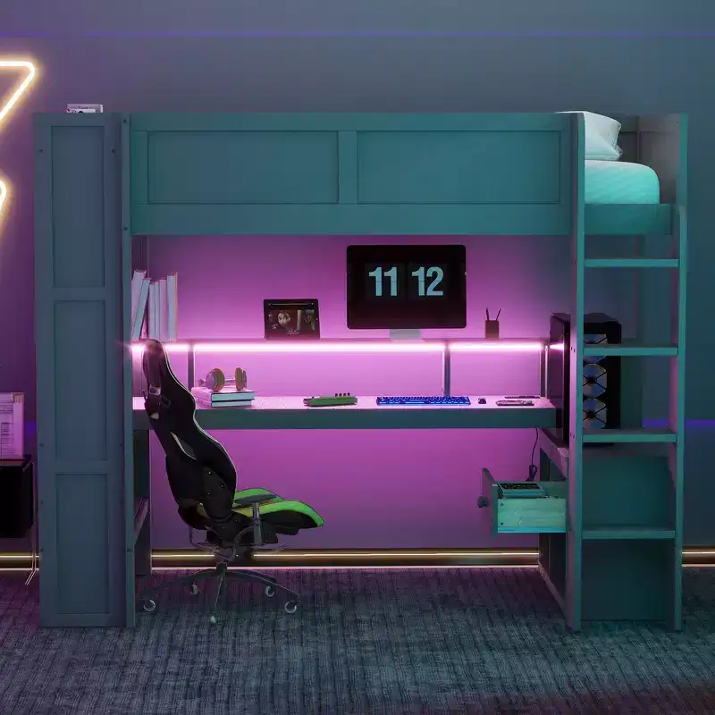 Wood Gaming Loft Bed with Desk, Multi-Storage Shelves, LED & Charging Station