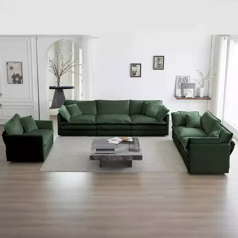3 Piece Set 3 Seat Sofa Extra Deep Seat Sectional Sofa for Living Room Green Chenille