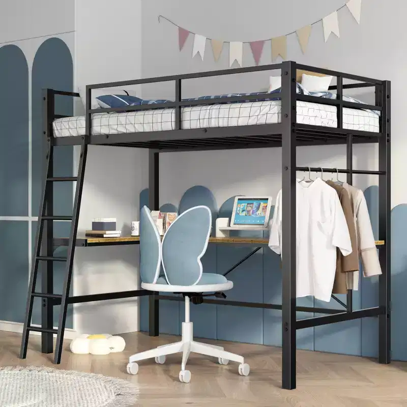 Metal Loft Bed with L-Shaped Desk, Safety Guard & Ladder - Twin, Black