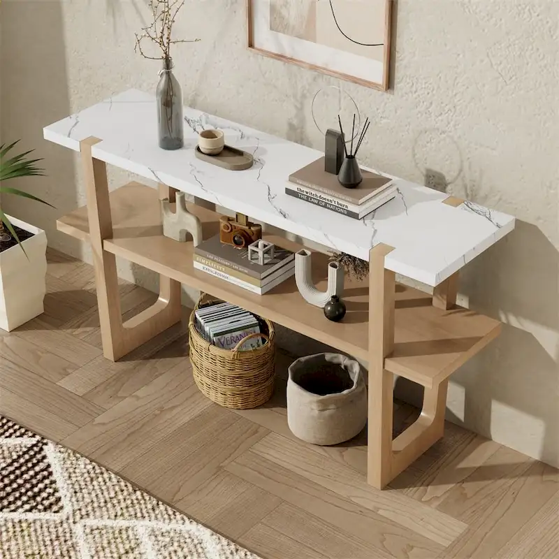 Retro Console Table with Marble-Effect Top and Open Storage Shelf