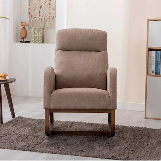Upholstered Rocking Chair with Wood Legs and Side Pockets
