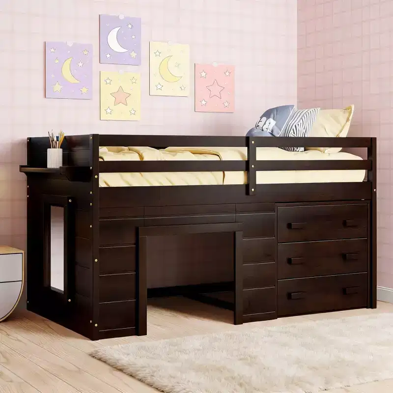 Luxystar Twin Size Wooden Loft bed Frame With 3 Drawers and Shelf