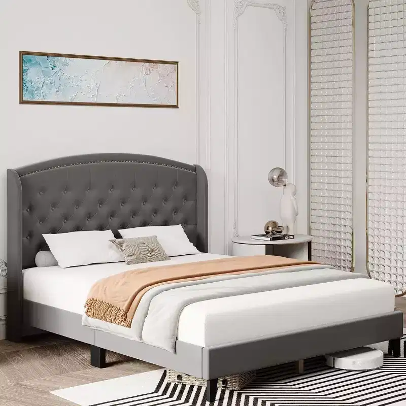 Upholstered Platform Bed Frame with Wingback Headboard, Soft Velvet and Button Tufted Design, Wood Slat Support, Easy Assembly