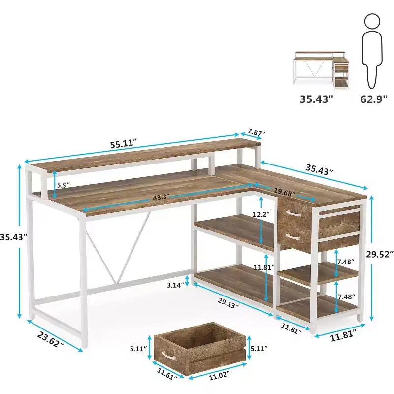 Lantine L Shaped Desk with Drawers and Monitor Stand, L Corner Desk with Storage Shelves, Beige Wooden PC Table for Small Home Office