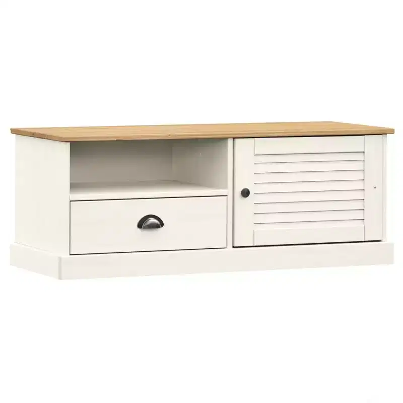 White Solid Wood Pine TV Stand Entertainment Center - 41.7x15.7x15.7 with Drawer, Open Shelf & Cabinet