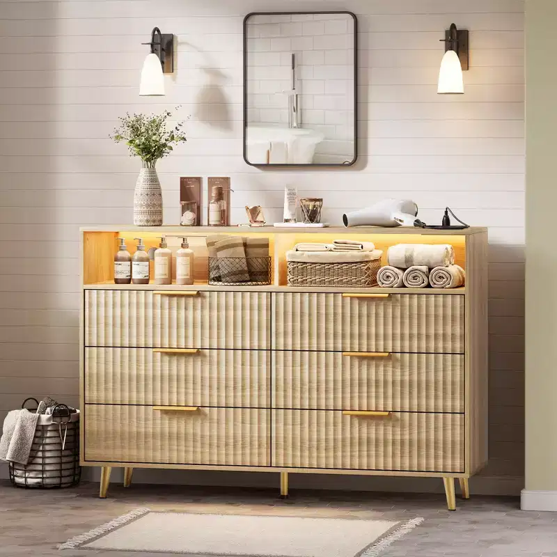 6 Drawers Dresser for Bedroom, 47.2 Wide Dressers with LED Lights, Curved Profile Design, Fluted Wood Drawers for Living Room, Oak