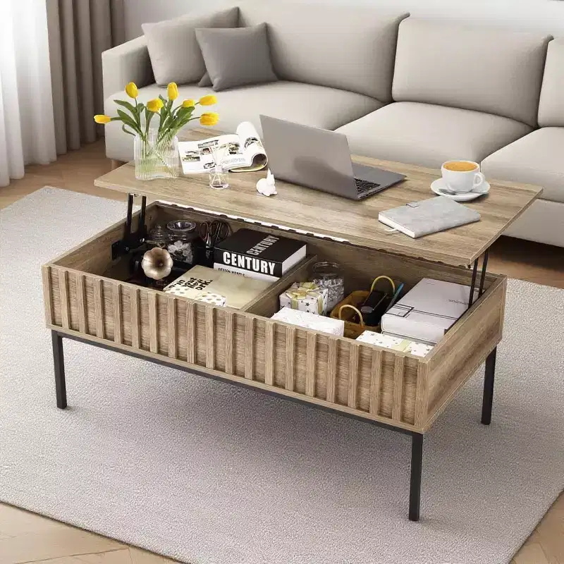 Lift Top Coffee Table with Hidden Compartment, Modern Coffee Table with Storage, Fluted Wood Center Table Rising Tabletop Tea Table for Living Room