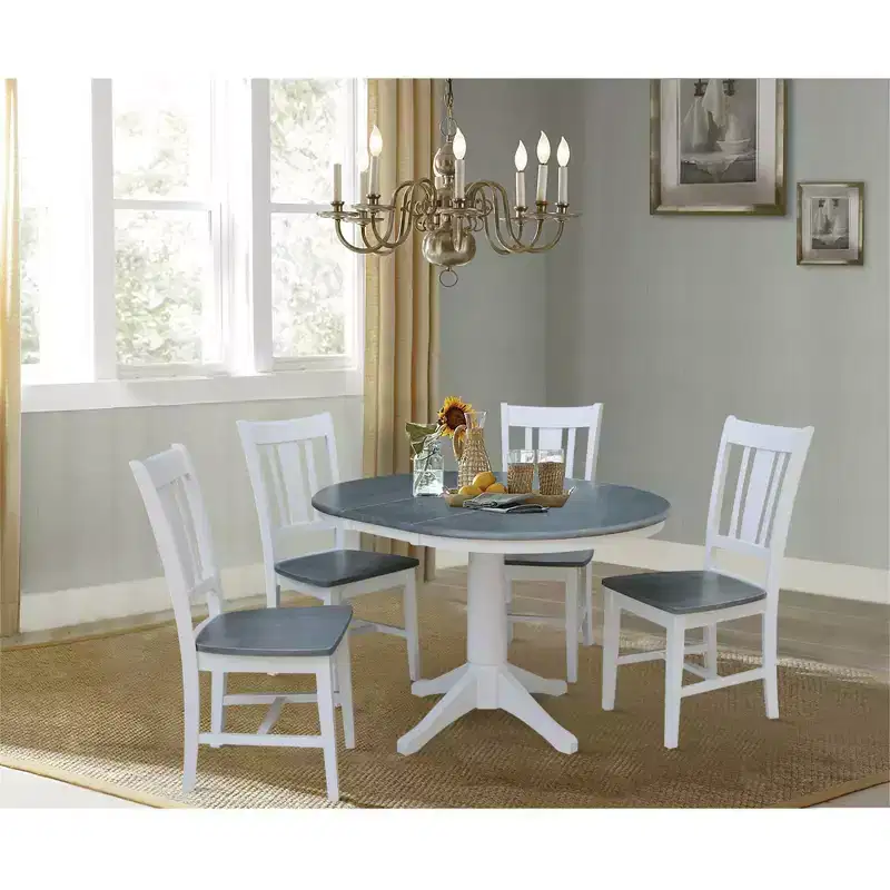 International Concepts 36" Valerie Round Extendable Dining Table with 4 Chairs White/Heather Gray: Mid-Century Modern 5-Piece Set