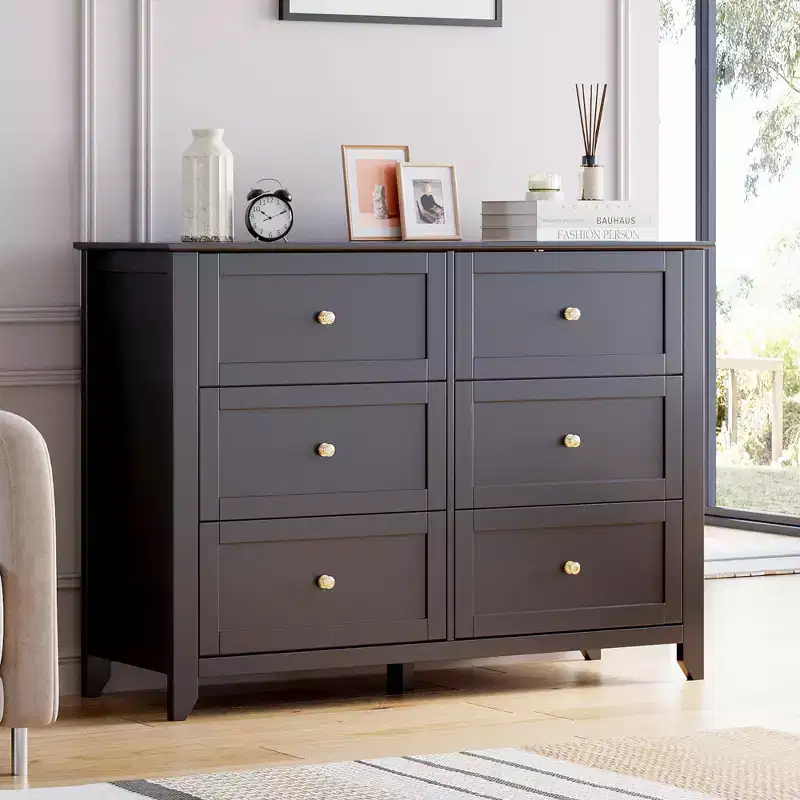 Storage Drawers Unit 2pcs, 6 Chest of Drawer Dresser for 48 Inch TV, Modern Wood Organizer TV Stand for Living Room, Entryway, Hallway, Black