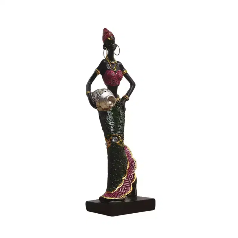 Exotic African Lady Resin Figurine 16.5cm Handcrafted Sculpture in Floral Attire with Golden Vessel