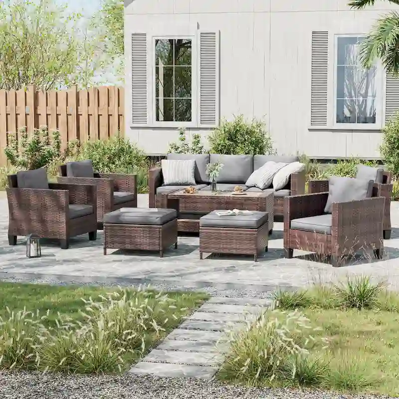 LIVOOSUN 8-Piece Patio Grey Rattan Furniture Conversation Sofa Sets