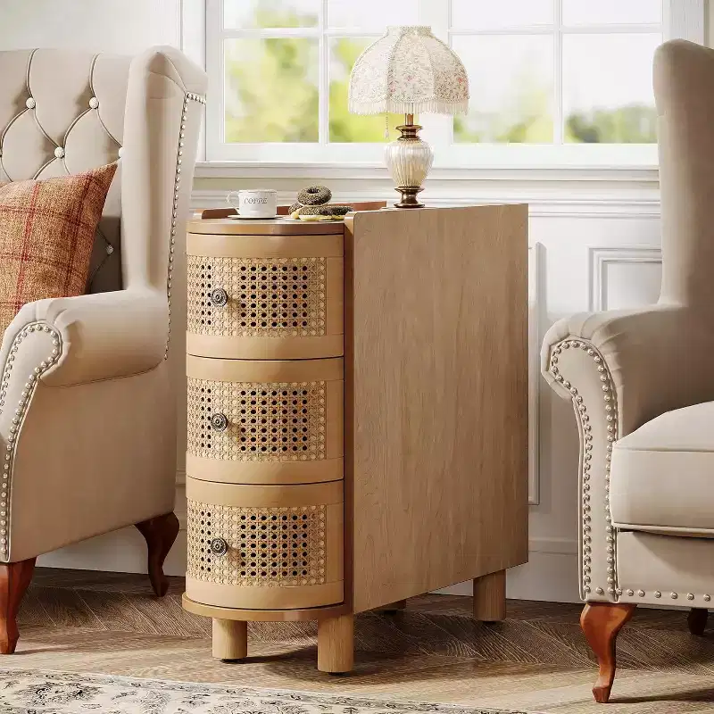 3-Drawer Rattan End Table: Slim sofa side table with vintage embossed handles, for living room/bedroom. FiniMDF, no assembly, Oak finish.