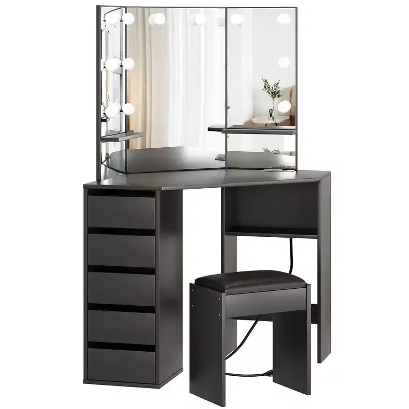 Corner vanity with mirror and lighting, featuring 3 adjustable light colors, 5 drawers, and storage shelves, complete with an LED-lit makeup table.