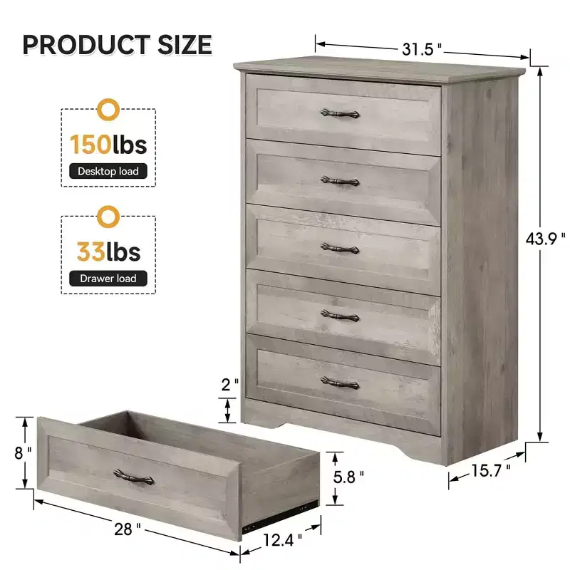 5/6 Drawer Dresser, Farmhouse Chest of Drawer with Metal Handles, Modern Storage Organizer with Anti-Collapse Design, Wooden Tall Dresser